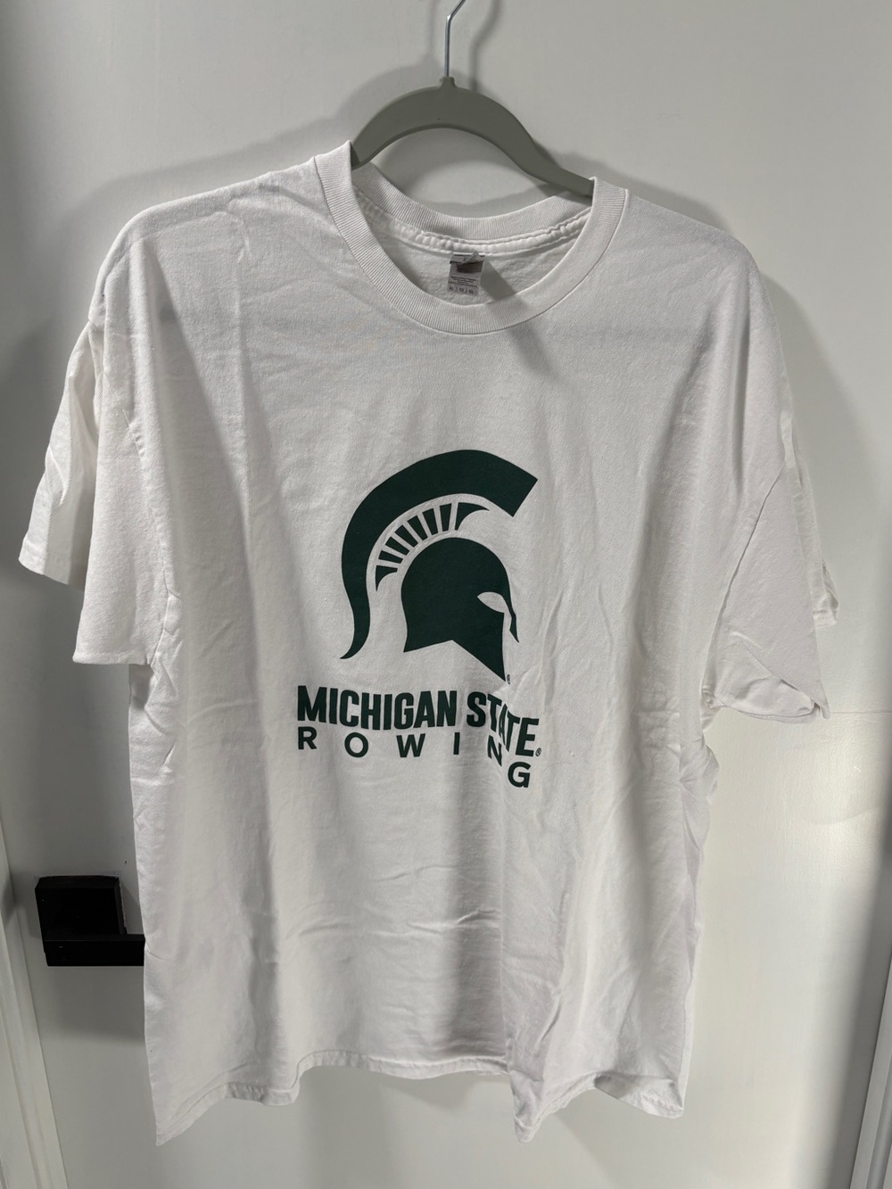 Gildan White T-Shirt with Green Michigan State Rowing Logo